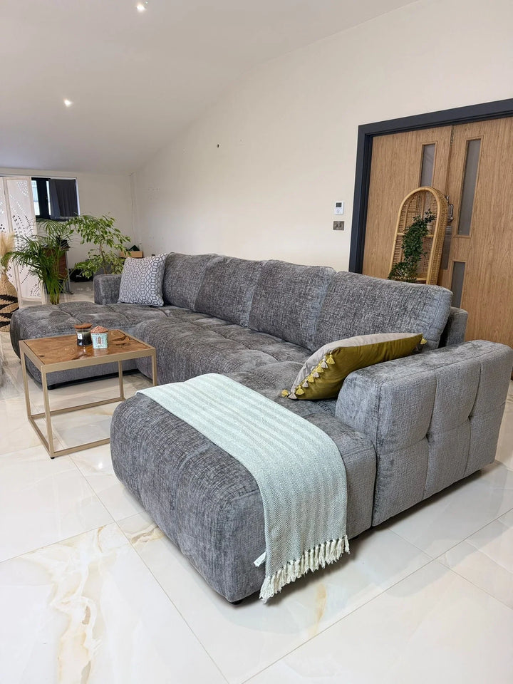 Sena Large Grey Plush Velvet Luxury U Shape Sofabed Sofa
