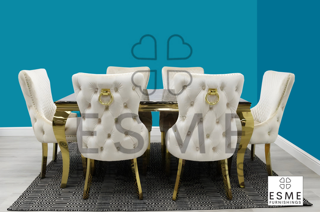 Louis Marble & Gold Dining Table With Victoria Gold Ring Knocker Velvet Chairs