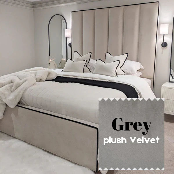 The Wenger Panel Upholstered Plush Velvet Black Piping Bed Frame
