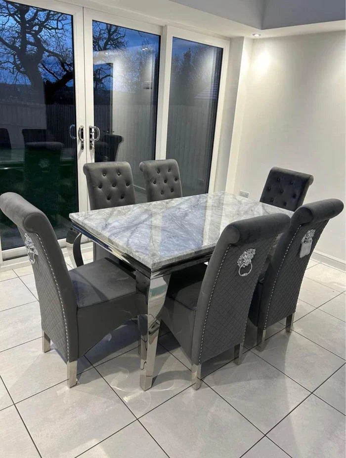 Louis 160CM Marble & Chrome Dining Table With Lucy Slim Quilted Lion Knocker Velvet Chairs