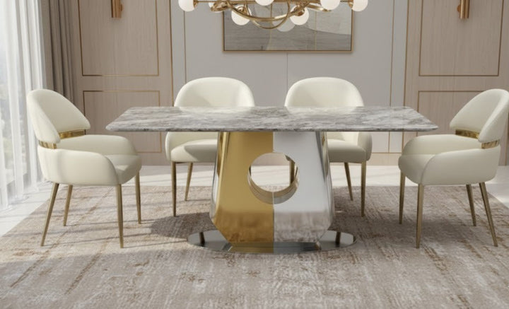 Madrid 180cm Gold Dining Table With Monarch Leather Gold Chairs