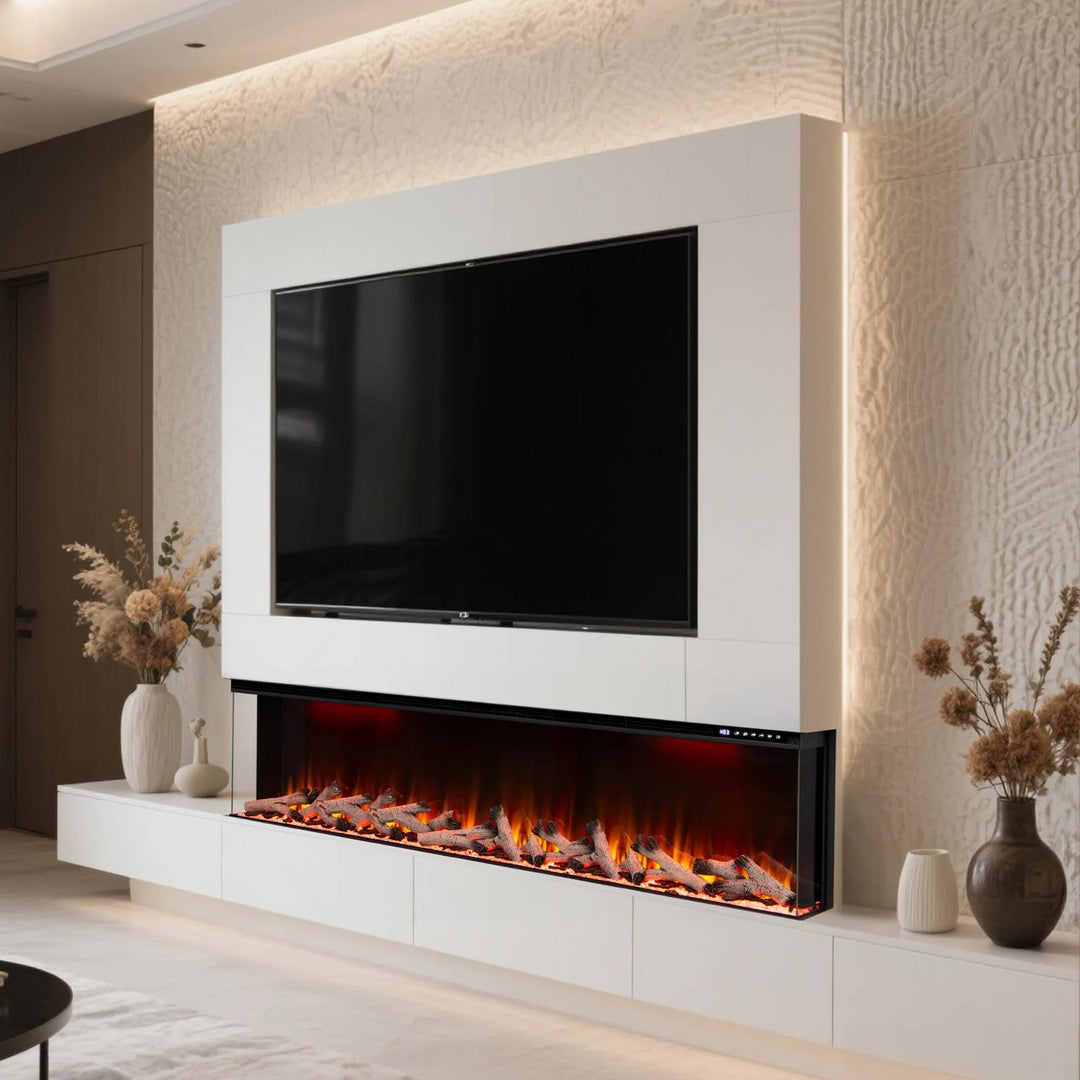 Maison 80 Inch 2025 Panoramic Smart Alexa Media Wall Fire 3 Sided Glass LED WiFi Electric UHD Fireplace