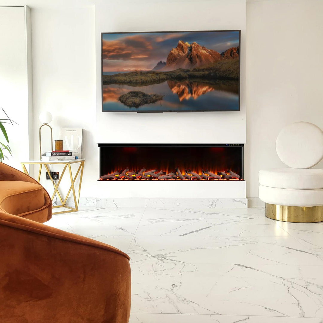 Maison 72 Inch 2025 Panoramic Smart Alexa Media Wall Fire 3 Sided Glass LED WiFi Electric UHD Fireplace