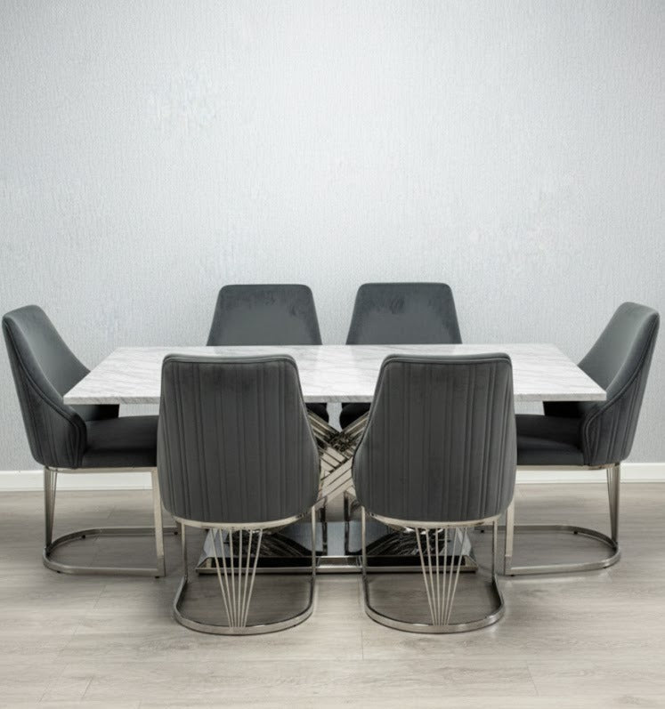 Elina 160cm Marble & Chrome Dining Table With Carlton Grey Velvet Chrome Chairs