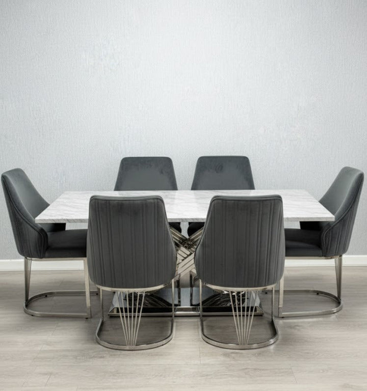 Elina 180cm Marble & Chrome Dining Table With Carlton Grey Velvet Chrome Chairs