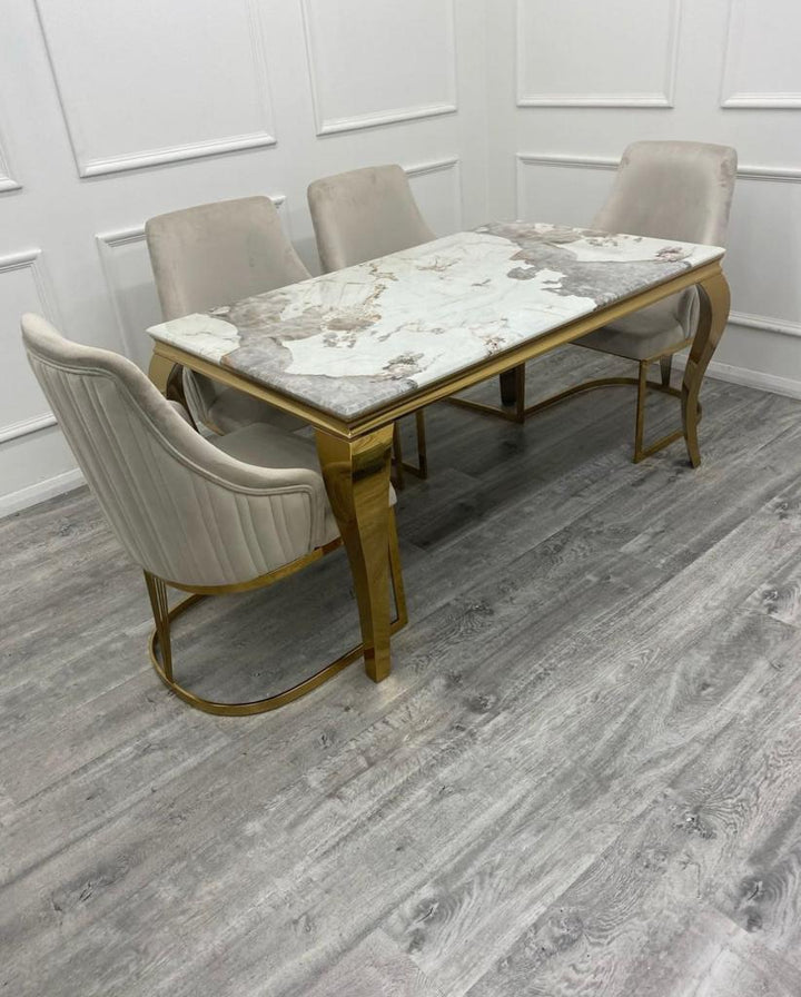 Louis Marble & Gold Dining Table With Carlton Cream/Gold Velvet Chairs