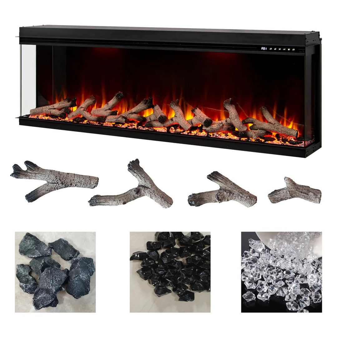Maison 50 Inch 2025 Panoramic Smart Alexa Media Wall Fire 3 Sided Glass LED WiFi Electric UHD Fireplace