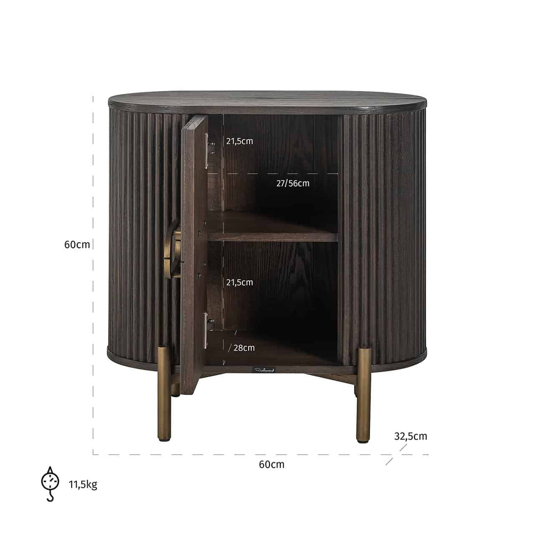 Richmond Interiors Luxor Dark Brown Ribbed Oak Wood & Gold Wood Bedside Table | 1 Door