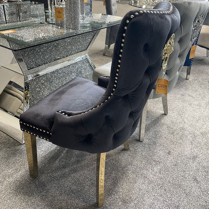 Louis Pandora Gold Marble Dining Table With Victoria Shimmer Velvet Lion Knocker Velvet Chairs