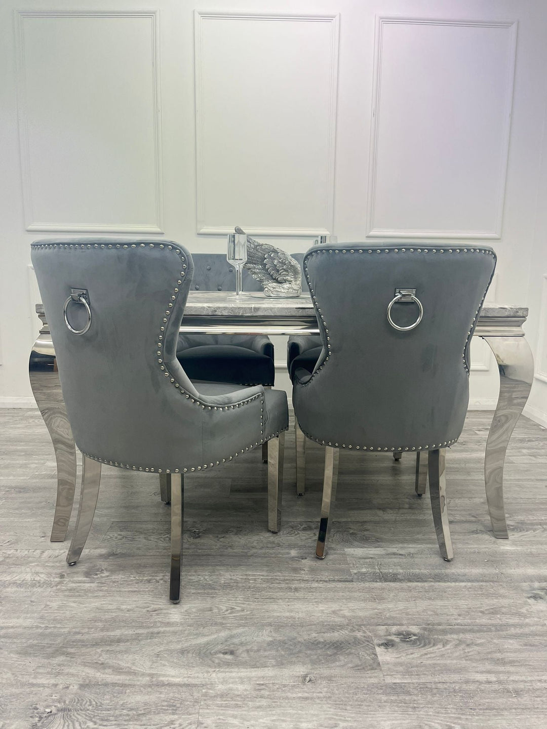 Louis Marble & Chrome Dining Table With Megan Chrome Ring Knocker Velvet Chairs