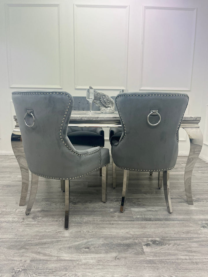 Louis Marble & Chrome Dining Table With Megan Chrome Ring Knocker Velvet Chairs