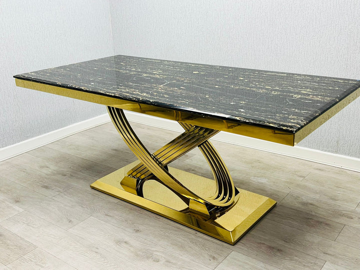 Elina 180cm Gold Dining Table With Porto Gold Leathaire Fabric Chairs Gold Legs