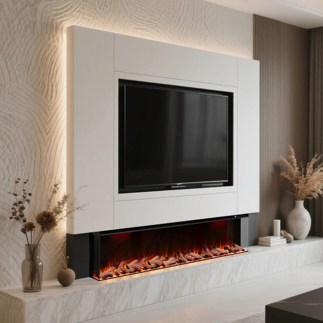Maison 80 Inch 2025 Panoramic Smart Alexa Media Wall Fire 3 Sided Glass LED WiFi Electric UHD Fireplace