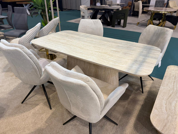Davos 160cm Cream Ceramic Marble Dining Table With Beige 360 Swivel Velvet Dining Chairs