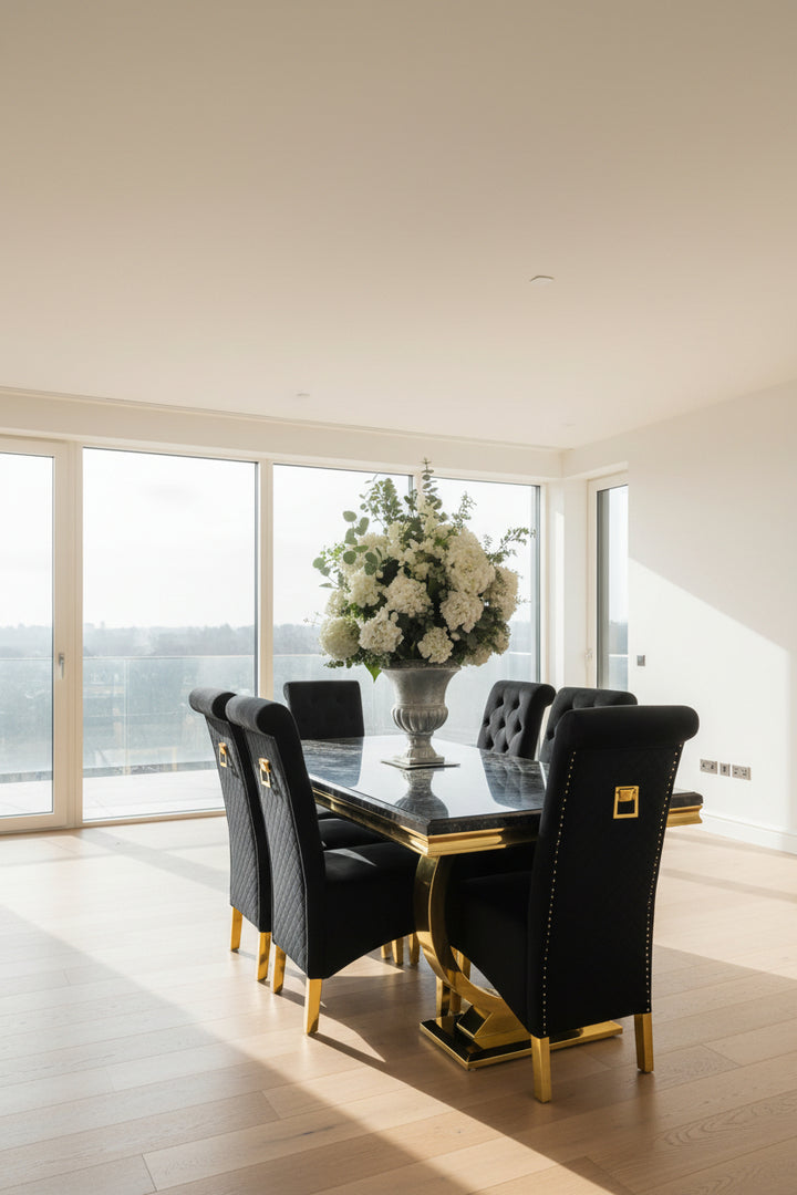 Arianna Marble & Gold Dining Table With Lucy Slim Quilted Gold Ring Knocker Velvet Chairs