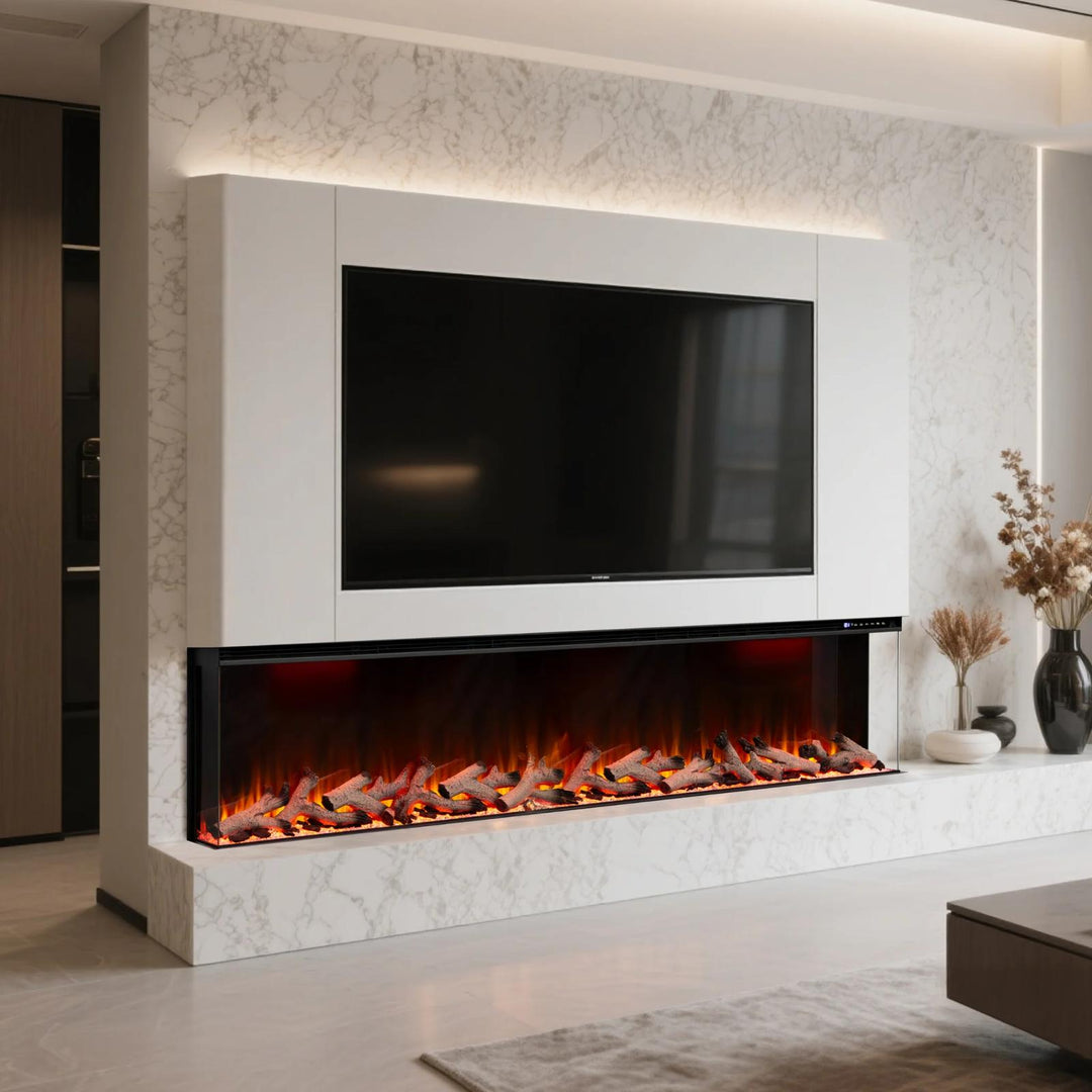 Maison 50 Inch 2025 Panoramic Smart Alexa Media Wall Fire 3 Sided Glass LED WiFi Electric UHD Fireplace