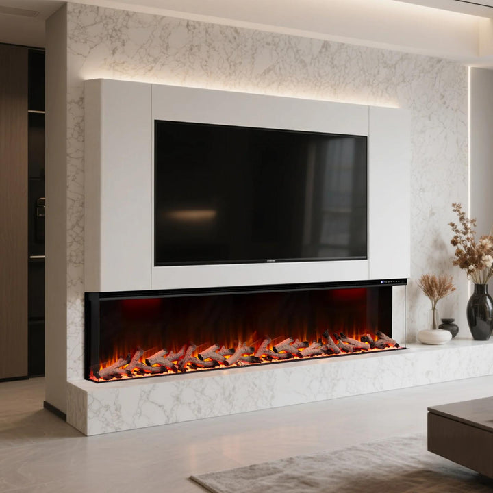 Maison 50 Inch 2025 Panoramic Smart Alexa Media Wall Fire 3 Sided Glass LED WiFi Electric UHD Fireplace