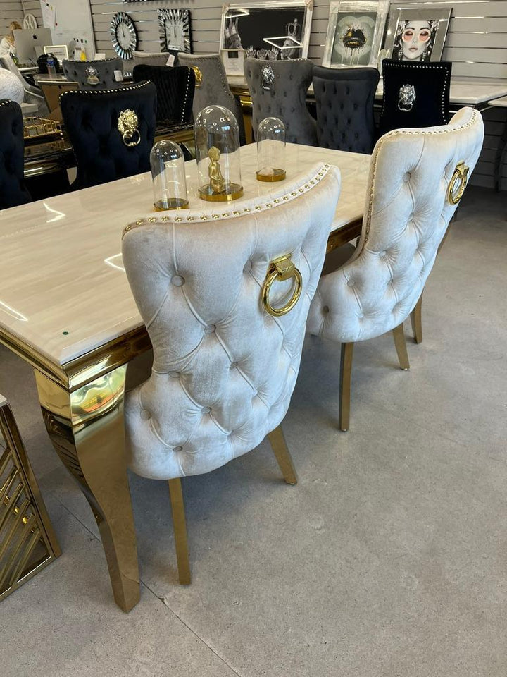 Louis Gold Cream Marble Dining Table With Shimmer Gold Ring Knocker Dining Chairs