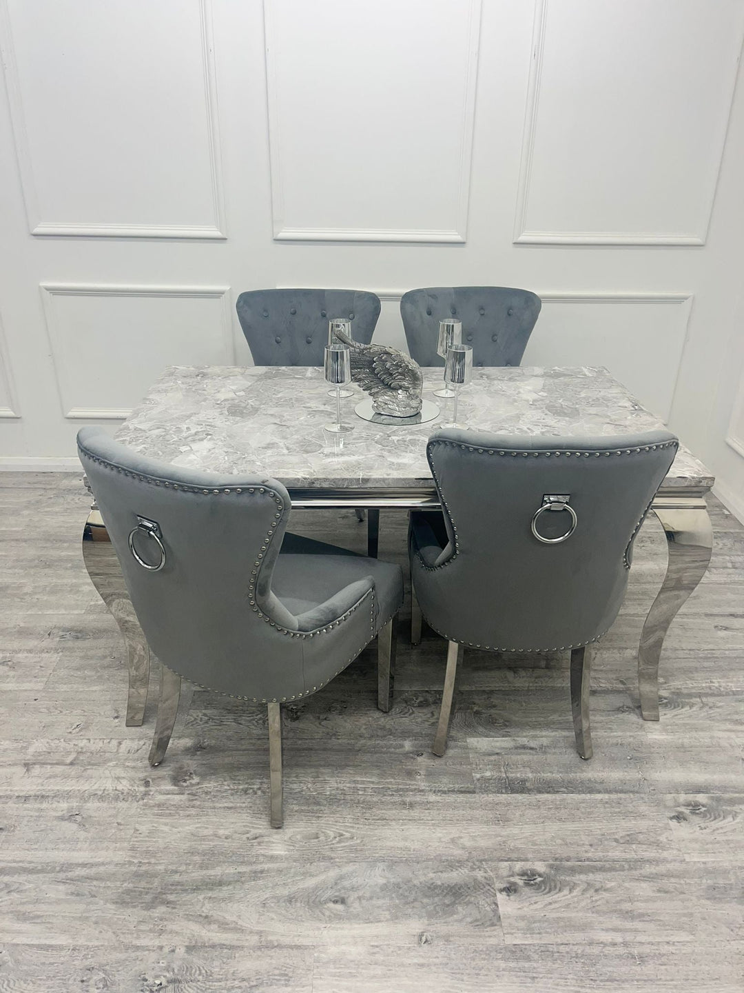 Louis 160cm Marble & Chrome Dining Table With Megan Chrome Ring Knocker Velvet Chairs