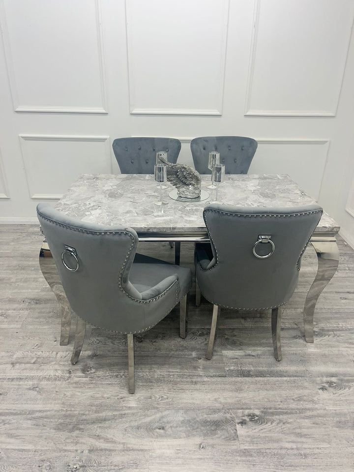 Louis 160cm Marble & Chrome Dining Table With Megan Chrome Ring Knocker Velvet Chairs