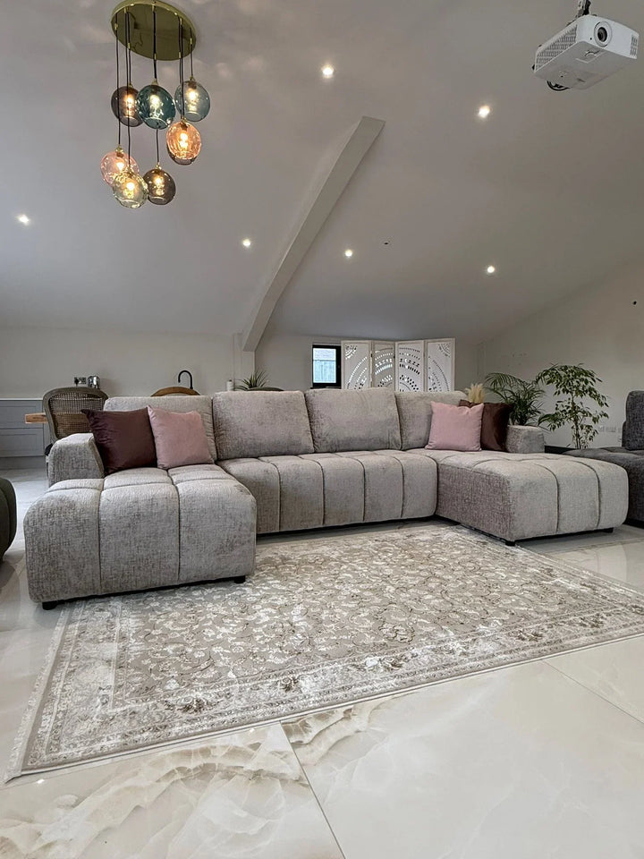 Sena Large Beige Plush Velvet Luxury U Shape Sofabed Sofa