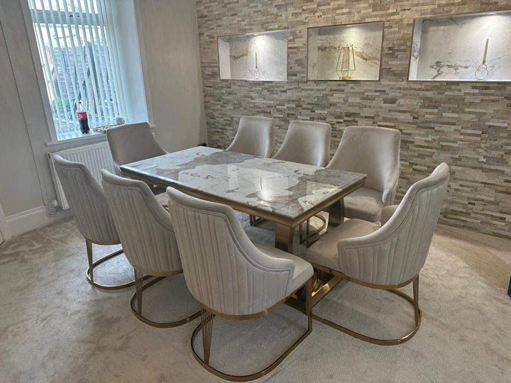 Arianna 180cm Gold Marble Dining Table With Carlton Cream/Gold Velvet Dining Chairs
