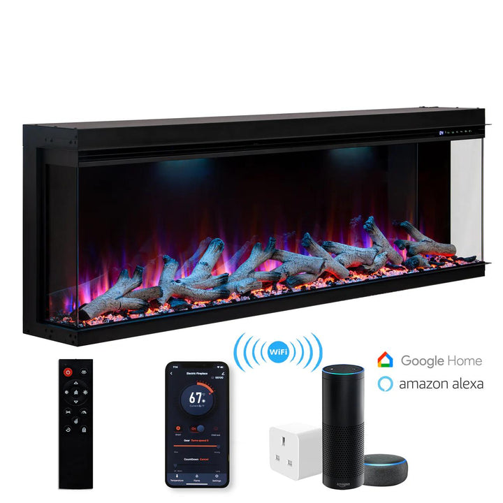 Maison 60 Inch 2025 Panoramic Smart Alexa Media Wall Fire 3 Sided Glass LED WiFi Electric UHD Fireplace