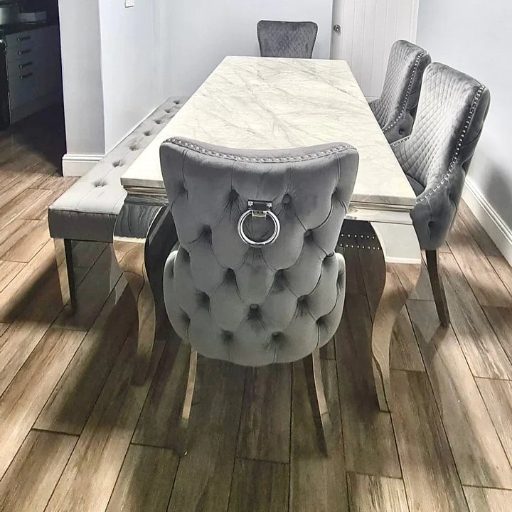 Louis Marble 150CM Dining Table + Victoria Grey Ring Chairs, Bench Option