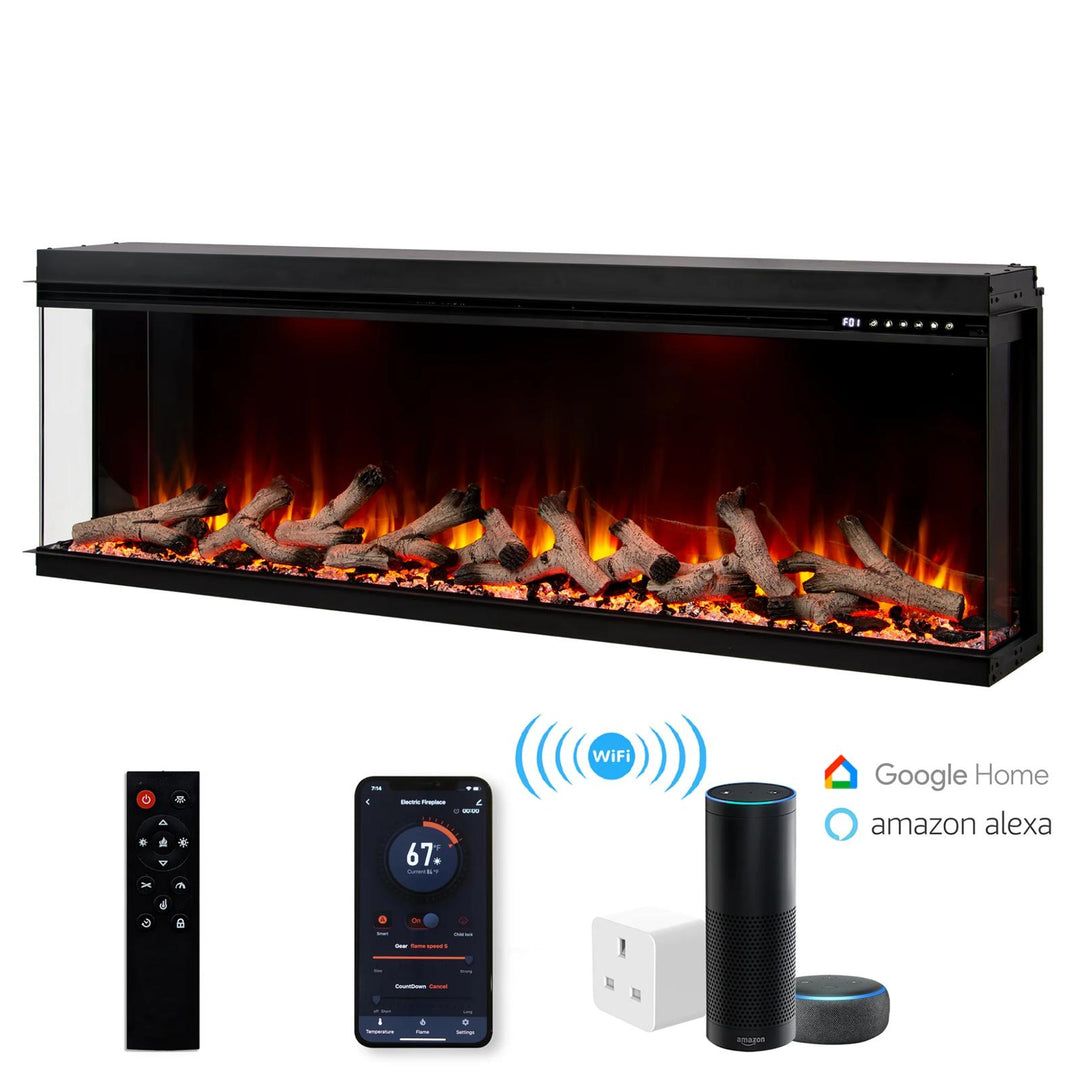 Maison 50 Inch 2025 Panoramic Smart Alexa Media Wall Fire 3 Sided Glass LED WiFi Electric UHD Fireplace