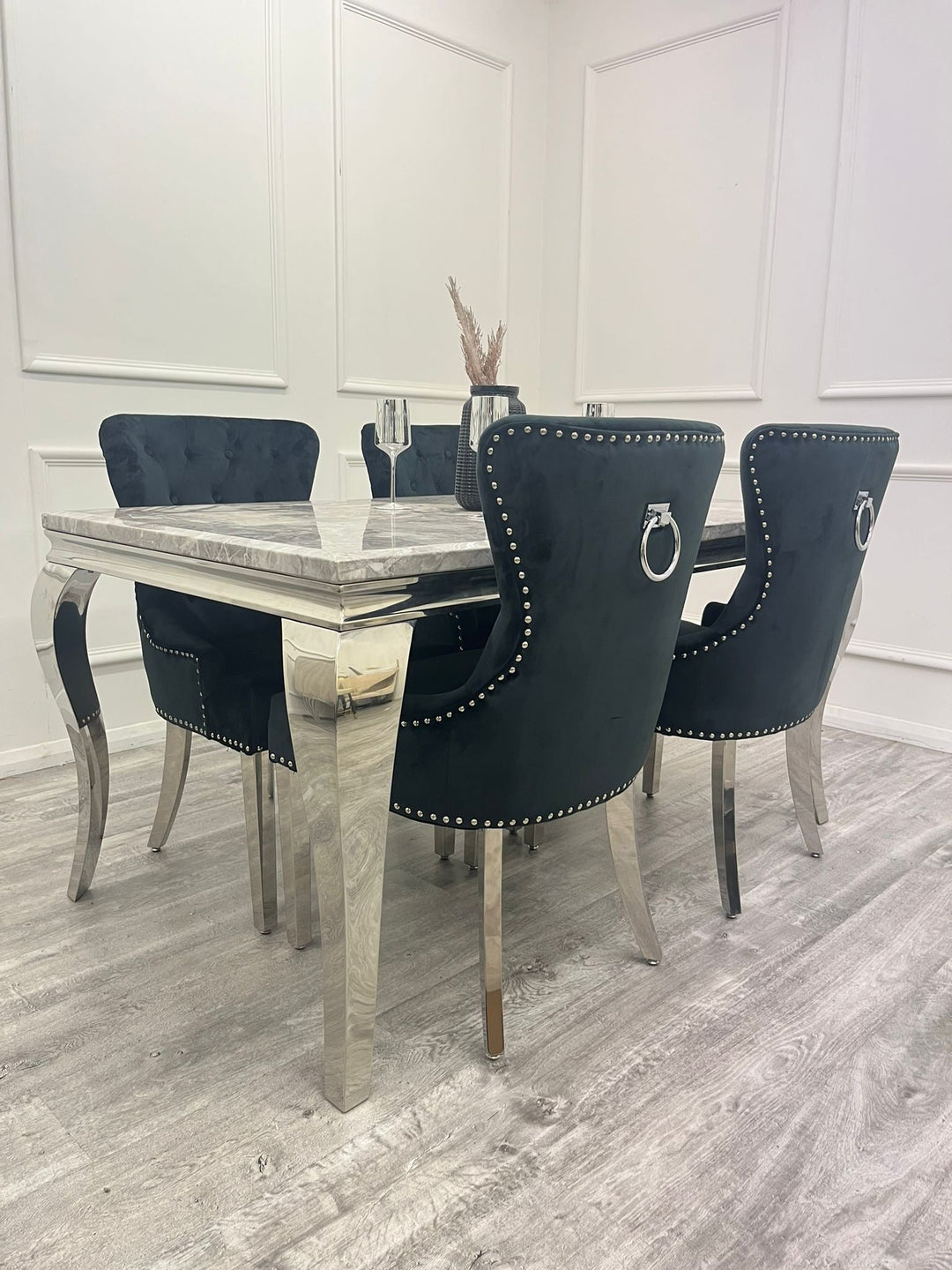 Louis Marble & Chrome Dining Table With Megan Chrome Ring Knocker Velvet Chairs