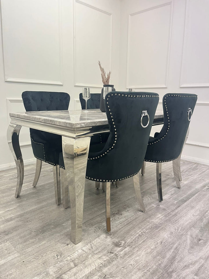 Louis Marble & Chrome Dining Table With Megan Chrome Ring Knocker Velvet Chairs