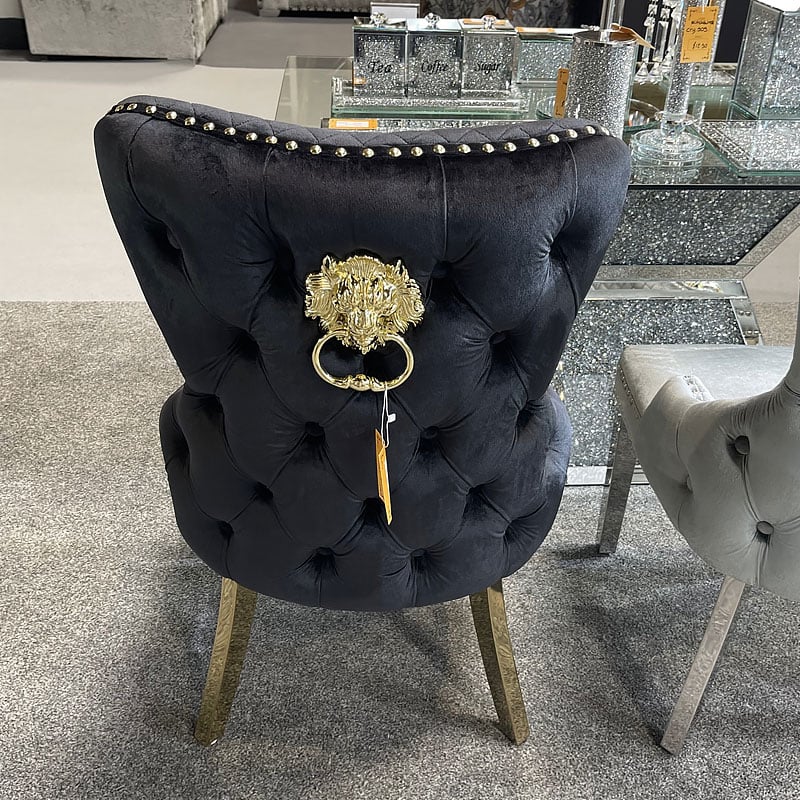 Louis Pandora Gold Marble Dining Table With Victoria Shimmer Velvet Lion Knocker Velvet Chairs