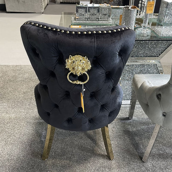 Louis Pandora Gold Marble Dining Table With Victoria Shimmer Velvet Lion Knocker Velvet Chairs