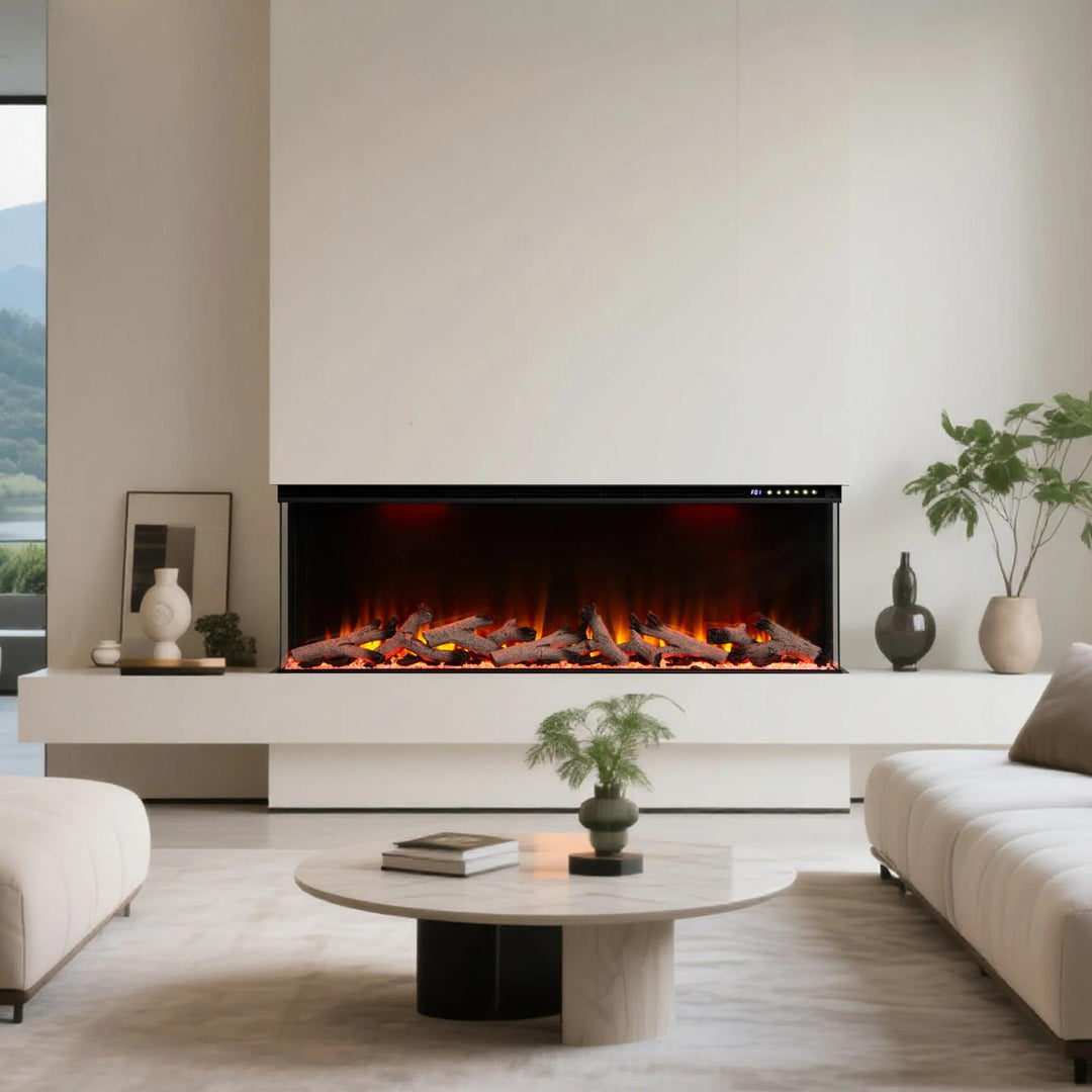 Maison 50 Inch 2025 Panoramic Smart Alexa Media Wall Fire 3 Sided Glass LED WiFi Electric UHD Fireplace