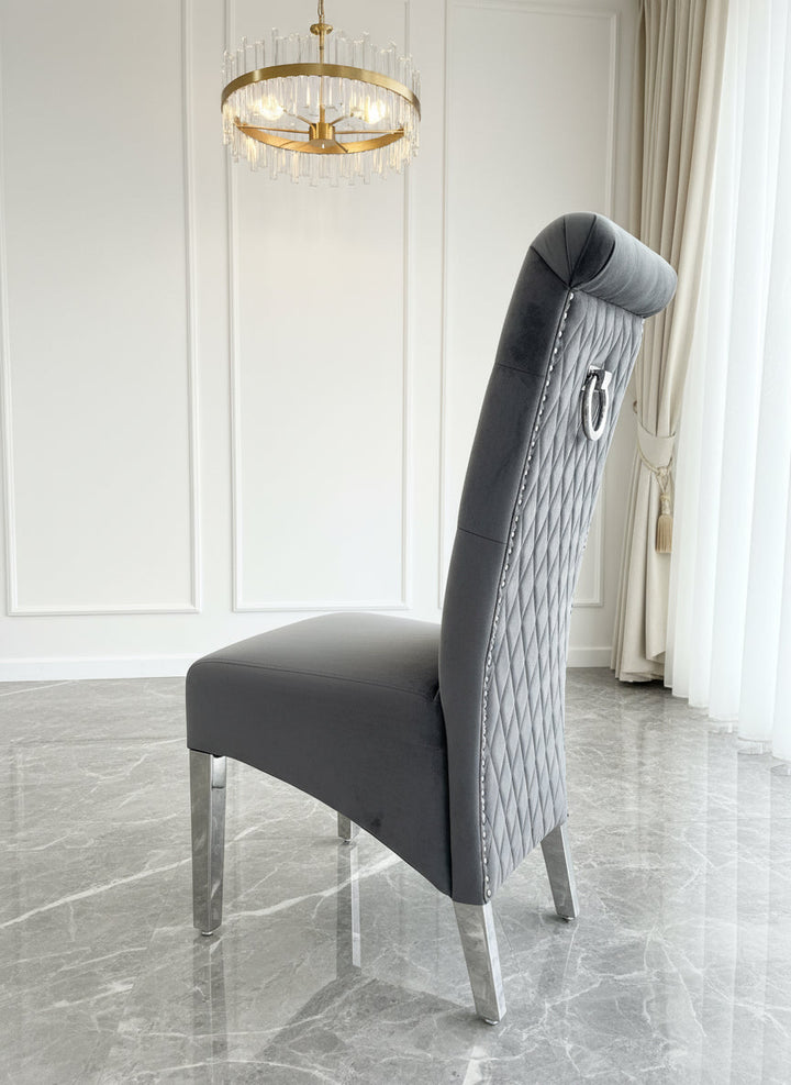 Louis Marble & Chrome Dining Table With Lucy Slim Quilted Ring Knocker Grey Velvet Chairs
