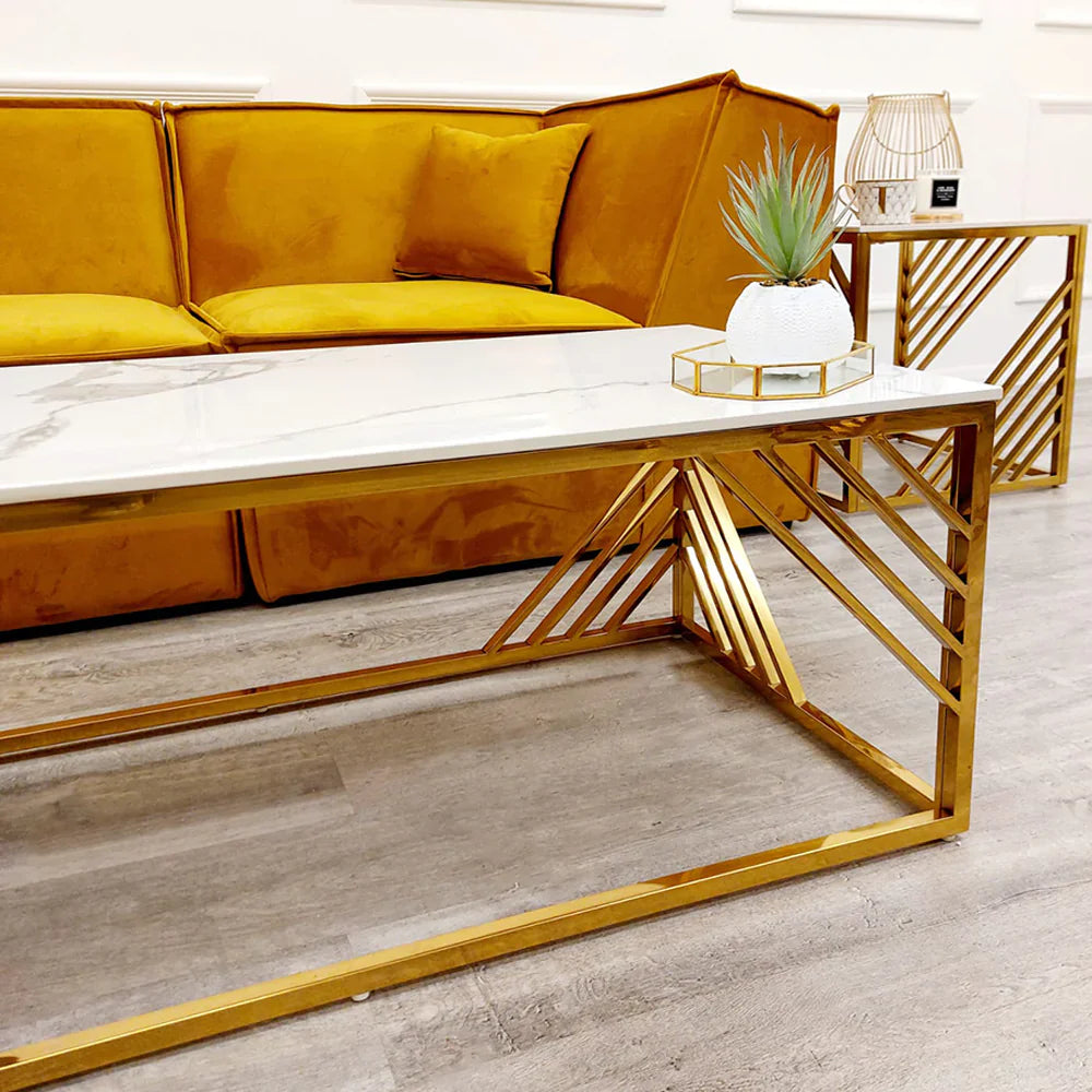 Azure Gold Coffee Table with Polar White Sintered Top-Esme Furnishings