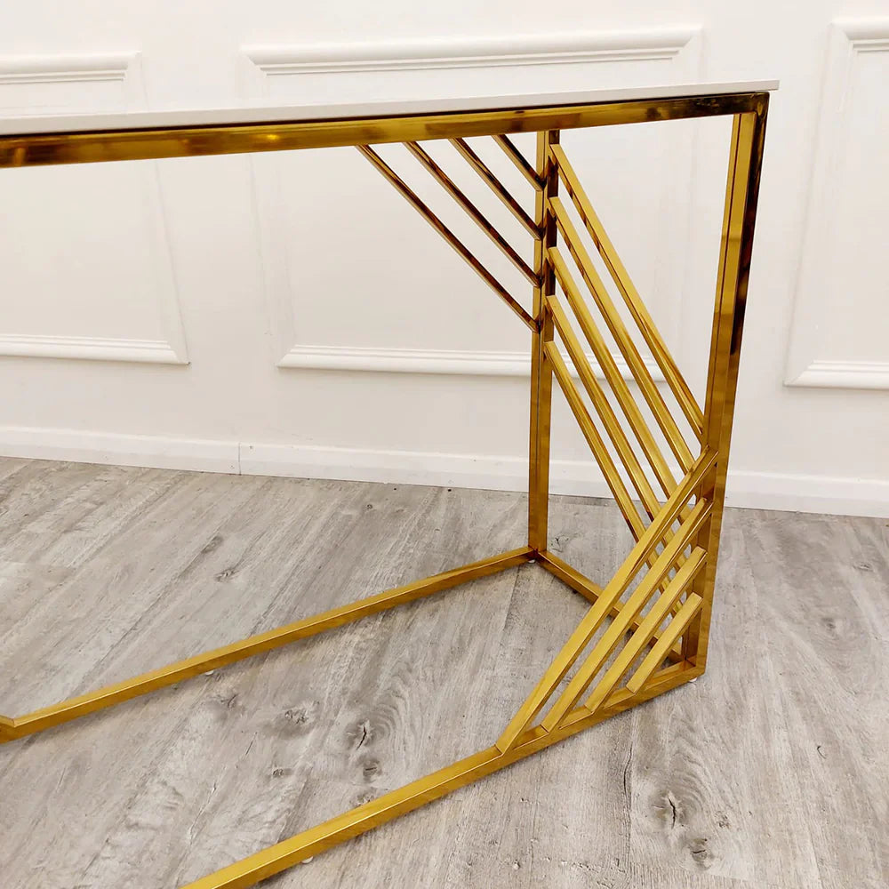 Azure Gold Console Table with Polar White Sintered Top-Esme Furnishings