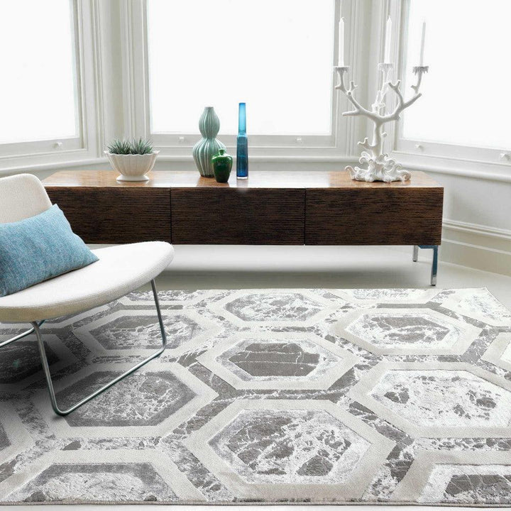 Aurora Crystal AU12 Geometric Rugs in Silver Beige-Esme Furnishings