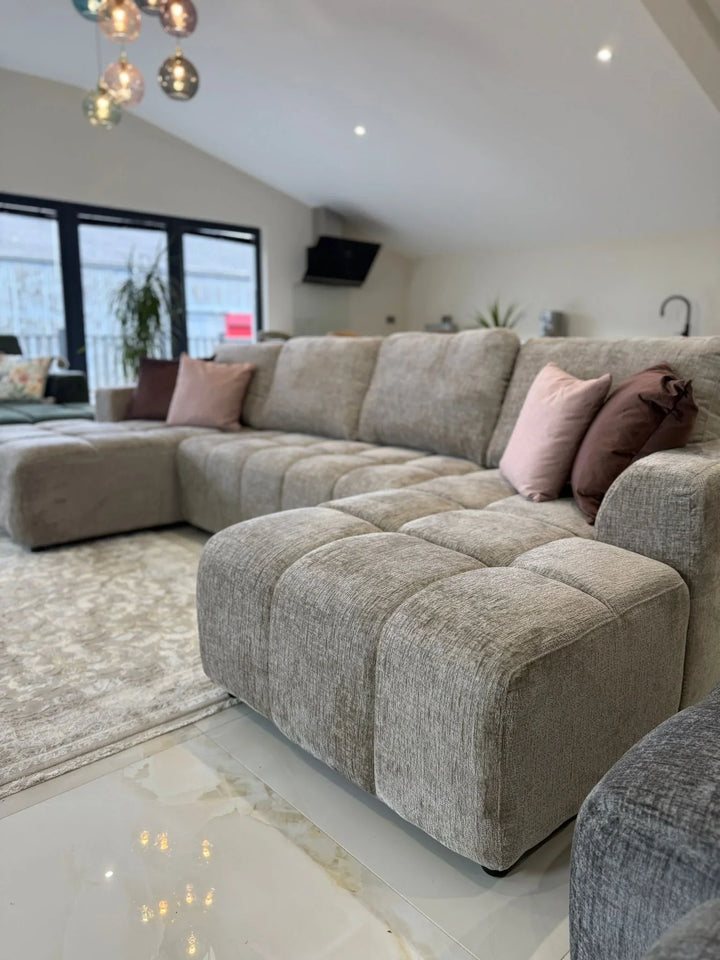 Sena Large Beige Plush Velvet Luxury U Shape Sofabed Sofa