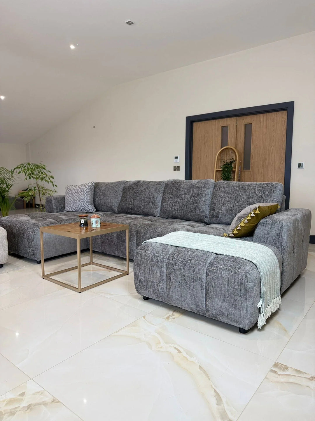Sena Large Grey Plush Velvet Luxury U Shape Sofabed Sofa