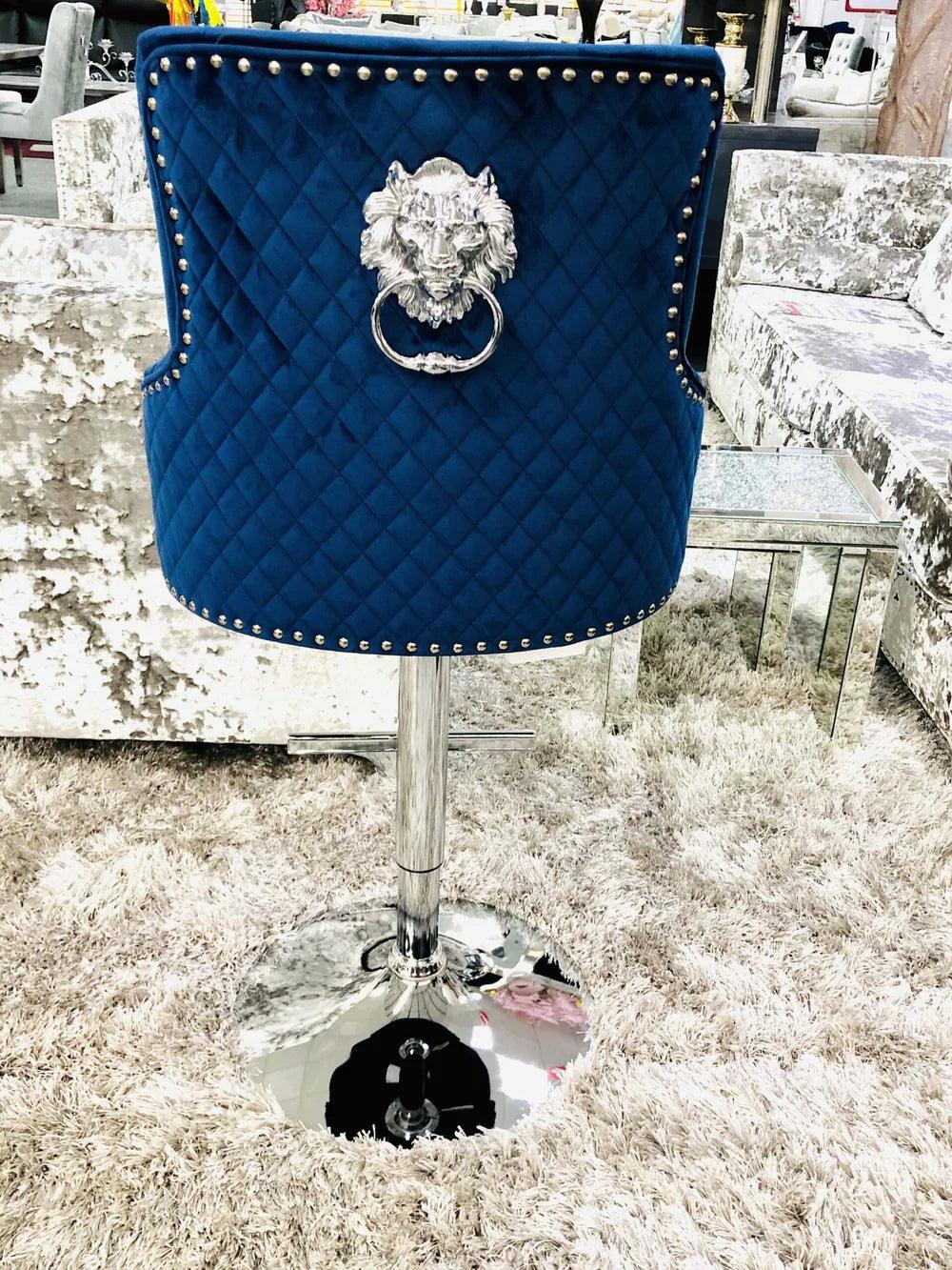 Majestic Blue Brushed Velvet Bar Stool With Lion Knocker-Esme Furnishings