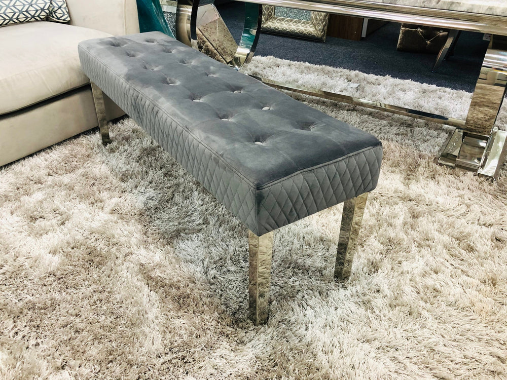 Majestic Grey Quilted Plush Velvet 140cm Bench-Esme Furnishings