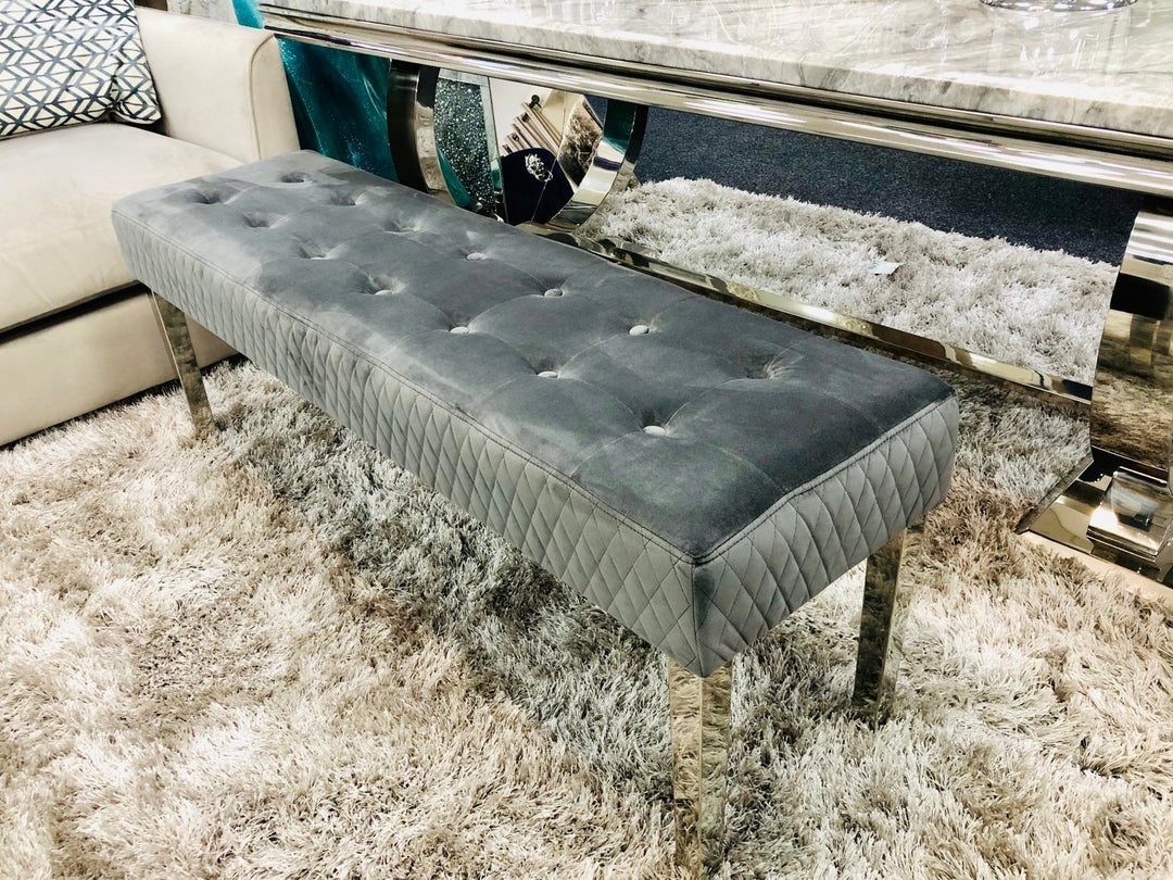 Majestic Grey Quilted Plush Velvet 140cm Bench-Esme Furnishings