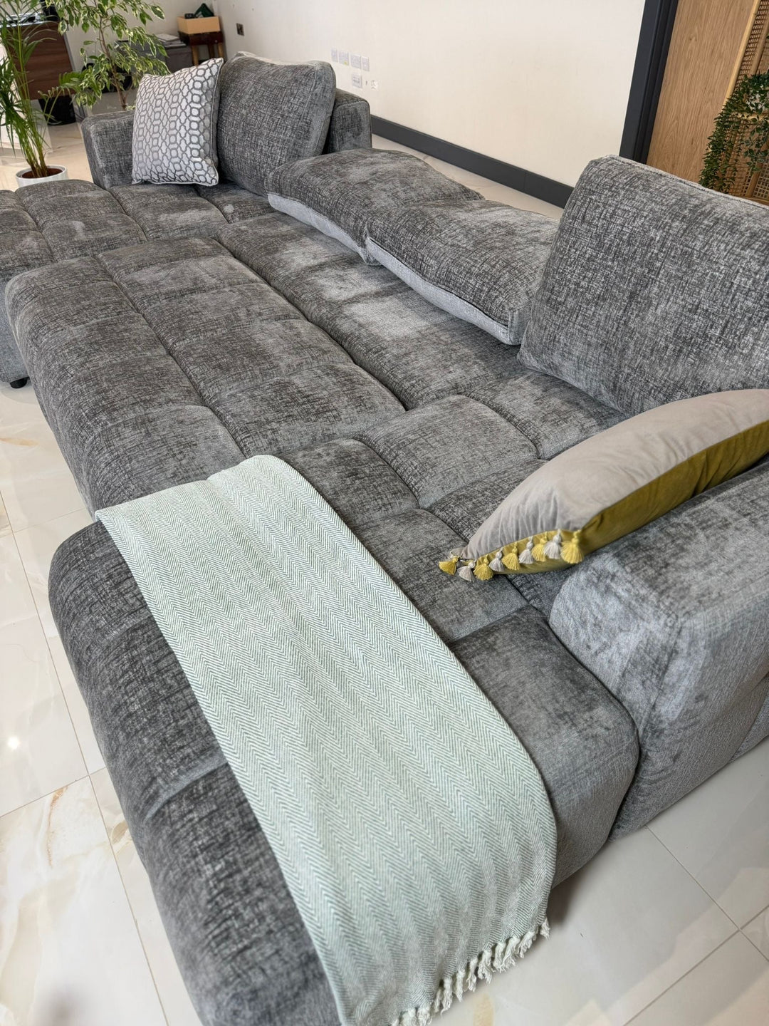 Sena Large Grey Plush Velvet Luxury U Shape Sofabed Sofa