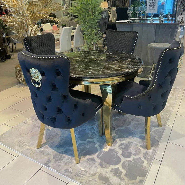 Louis Gold Round Black Marble 110cm Dining Table + Black Gold Lion Knocker Velvet Dining Chairs