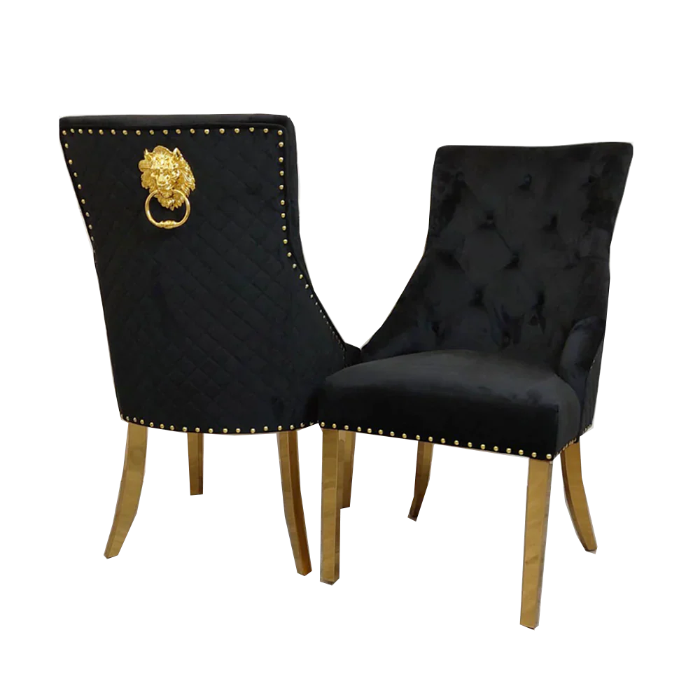 Louis Marble & Gold Dining Table With Shimmer Gold Lion Knocker Dining Chairs