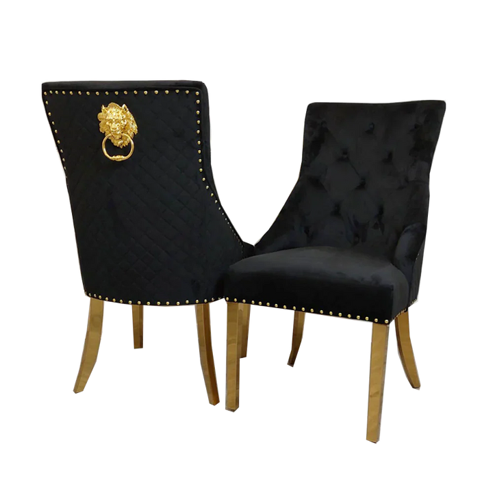 Louis Marble & Gold Dining Table With Shimmer Gold Lion Knocker Dining Chairs