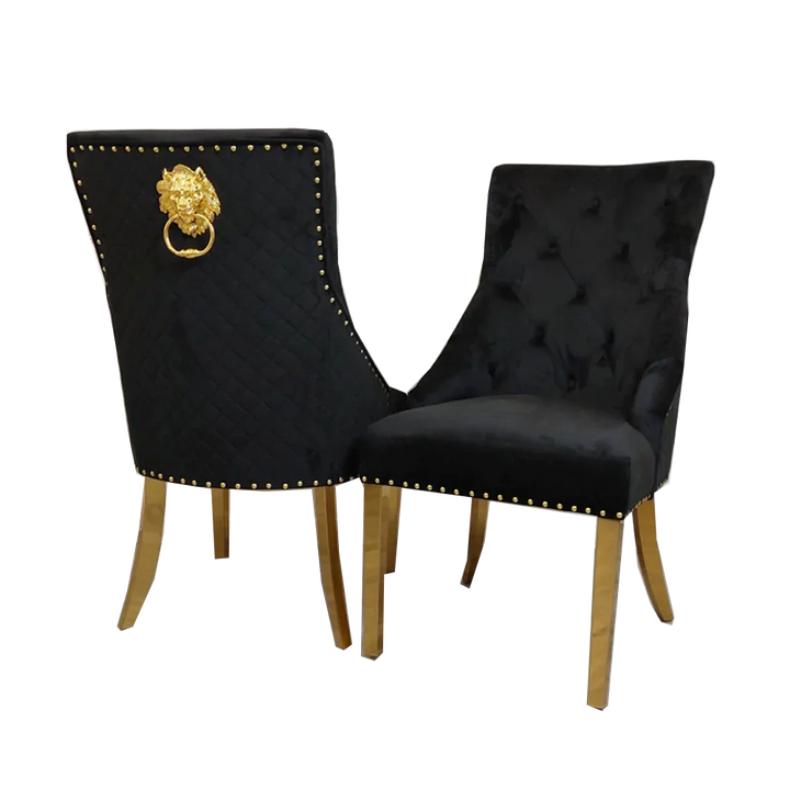Majestic Gold Lion Knocker Quilted Tufted Plush Velvet Dining Chair Gold Legs - 3 Colours-Esme Furnishings