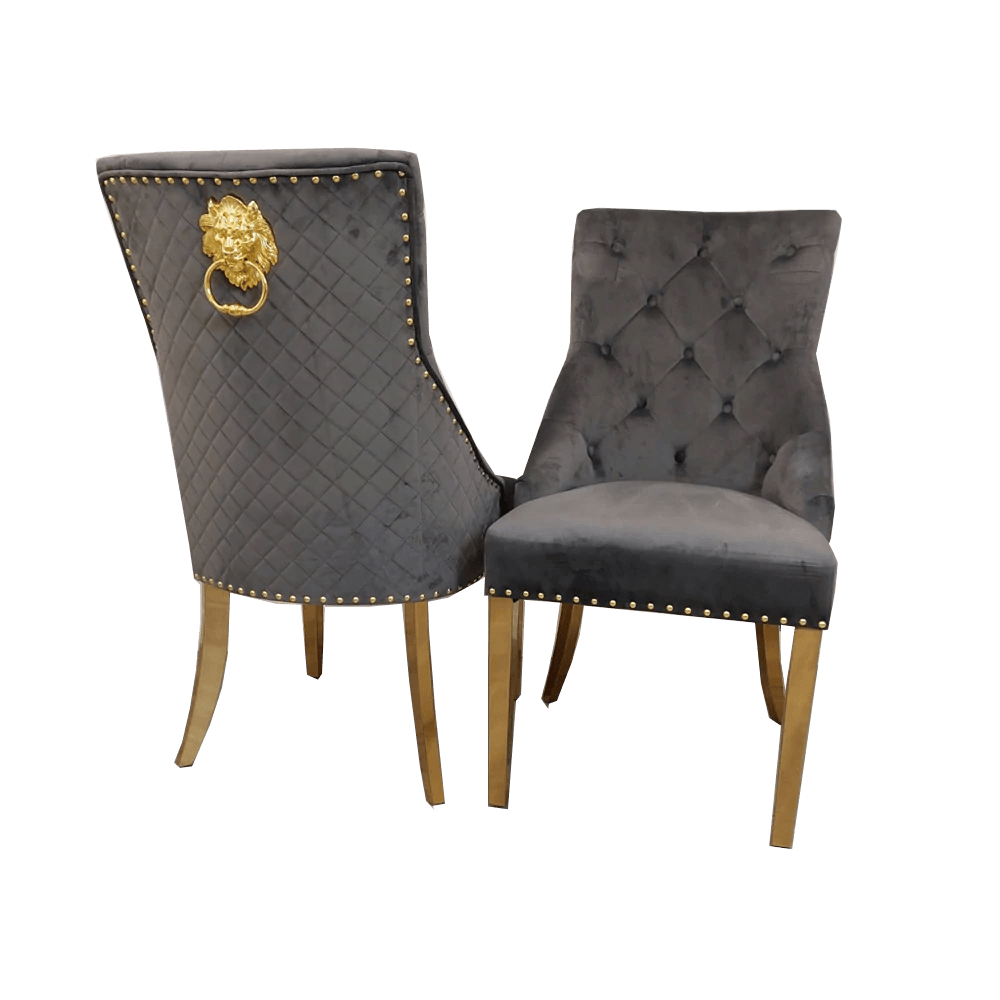 Gold Lion Knocker Quilted Tufted Plush Velvet Dining Chair Gold Legs - 4 Colours-Esme Furnishings