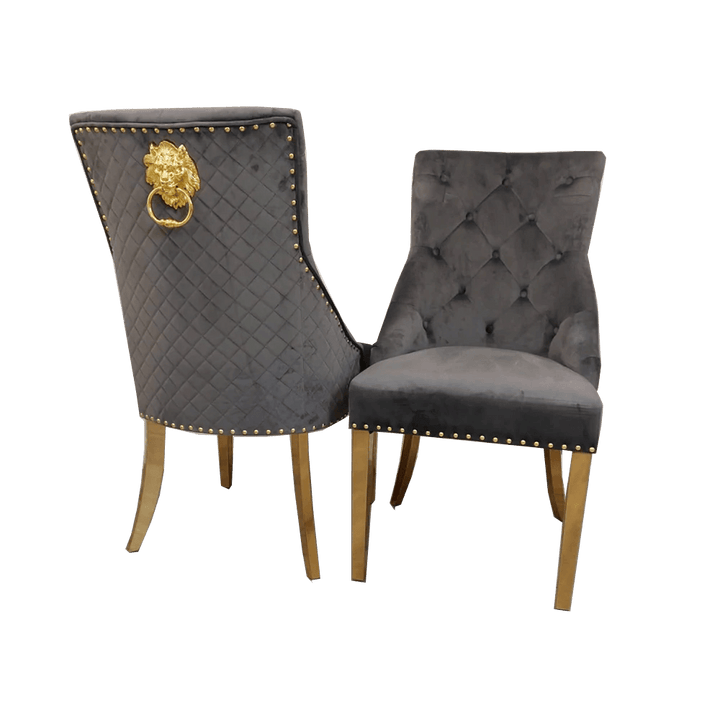 Gold Lion Knocker Quilted Tufted Plush Velvet Dining Chair Gold Legs - 4 Colours-Esme Furnishings
